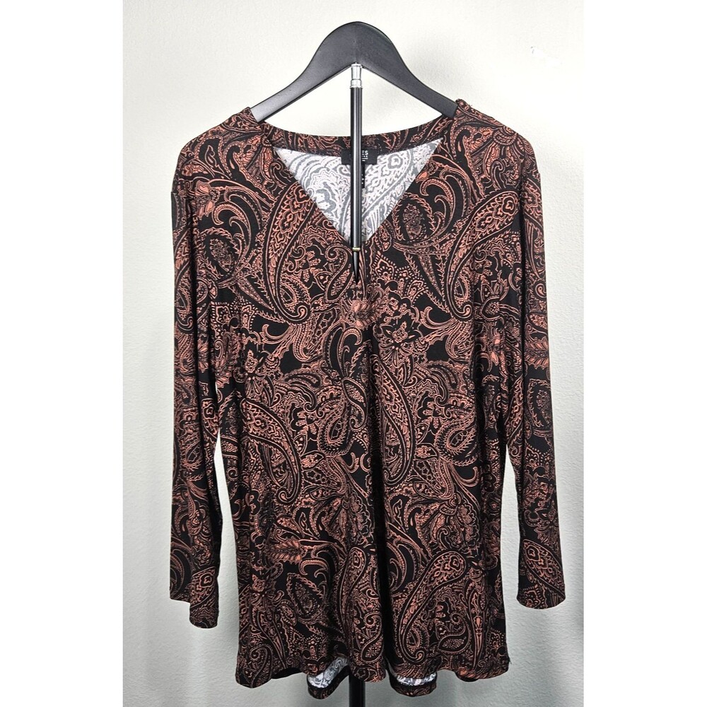 Jones‎ New York Signature XL Paisley Top Brown Black Stretch Knit V Neck Tunic